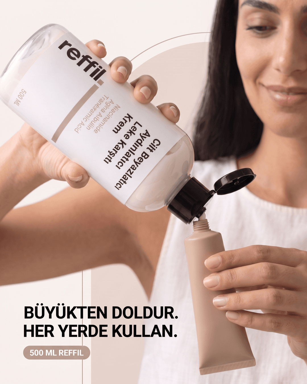 Reffil büyük boy kremden günlük kullanım şişesine aktarım