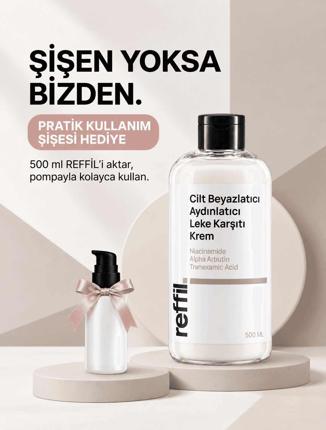 Reffil 500 ml krem ve hediye pratik kullanım şişesi